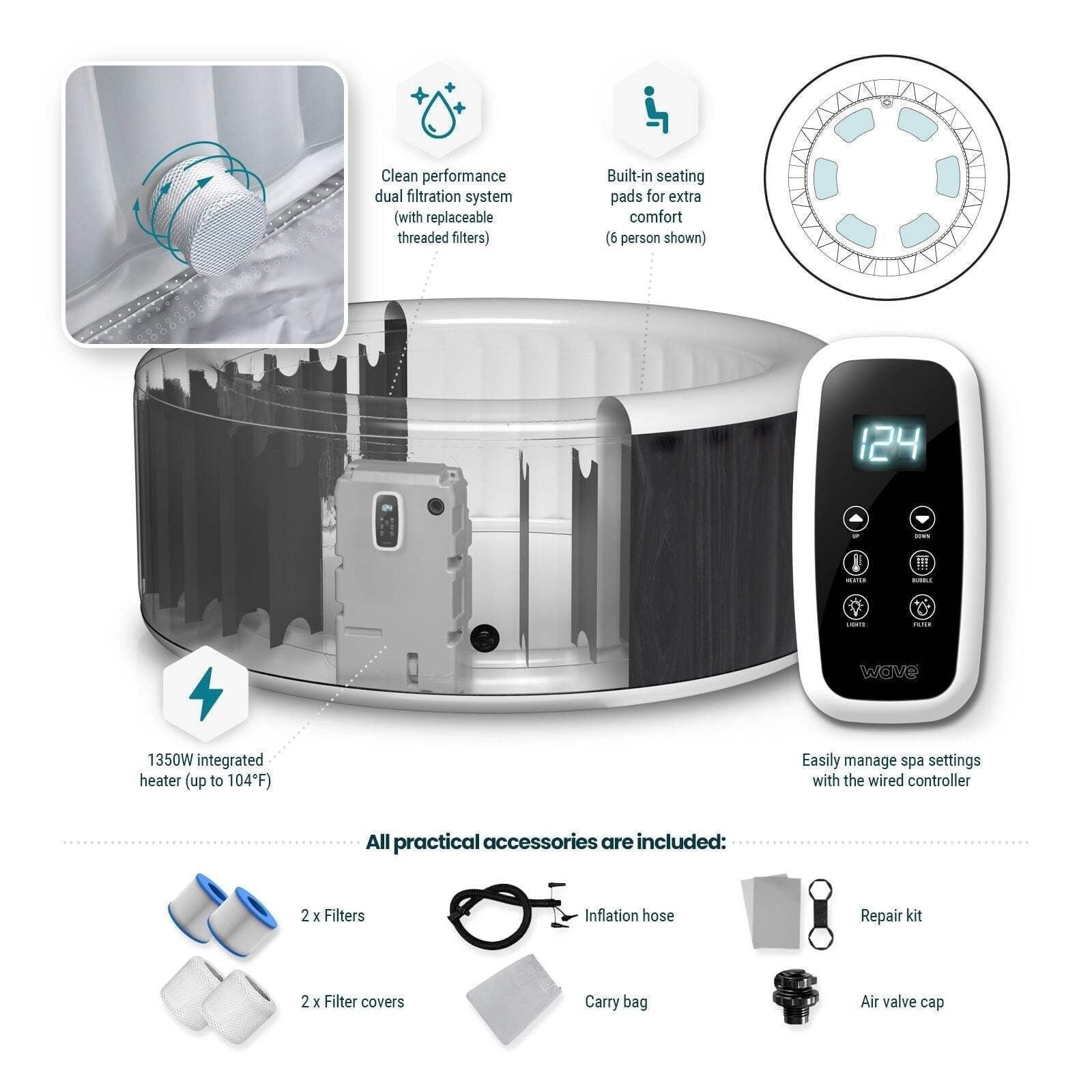 Wave Atlantic 6-Person Inflatable Hot Tub | Integrated Eco Heater | 130 Aquajet Massage System | Anti-Freeze Protection | Quick 15-Minute Setup | Gray Rattan - Image 11